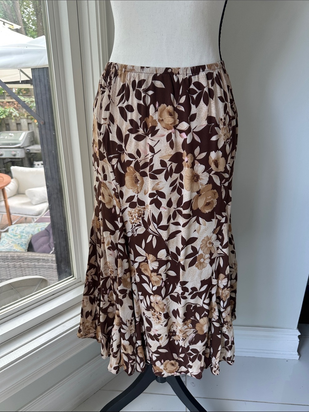 VINTAGE 90s Y2K Floral A-Line Midi Maxi Skirt Brown Cream Tan Size Small